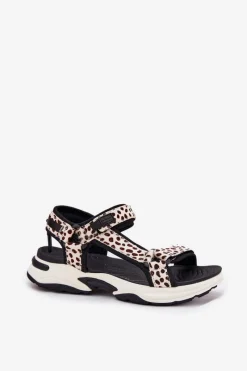 New Sandały Damskie Na Rzepy DFSH406002 Czarno-Beżowe Damskie Sandały Płaskie