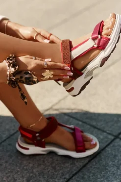 Sandały Płaskie>D.Franklin Sandały Damskie Na Rzepy DFSH406003 Bordowe Czerwony