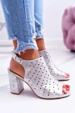 Sale Buty damskie Vinceza Sandały Damskie Na Słupku Ażurowe z Dżetami Srebrne Hendrix