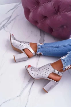 Sale Buty damskie Vinceza Sandały Damskie Na Słupku Ażurowe z Dżetami Srebrne Hendrix