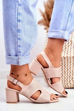 Sale Boto Sandały Damskie Na Słupku Ażurowe Beżowe Valery