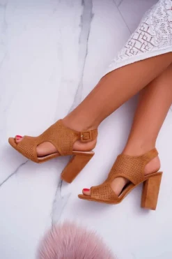 Sandały Ażurowe|Sandały Na Obcasie>Boto Sandały Damskie Na Słupku Ażurowe Zamszowe Camel HiBaby