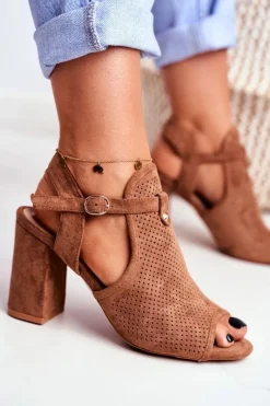 Sale Sandały Damskie Na Słupku Ażurowe Brązowe Kira Damskie Sandały Ażurowe|Sandały Na Obcasie