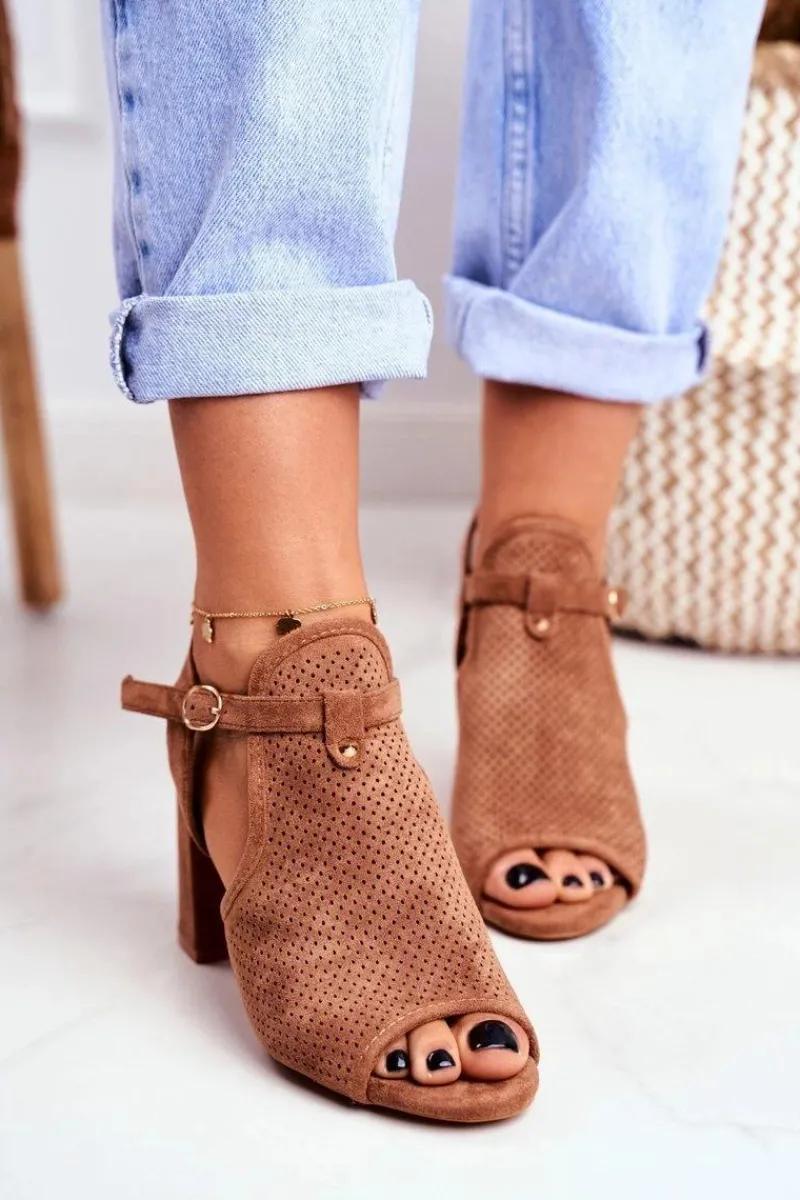 Sale Sandały Damskie Na Słupku Ażurowe Brązowe Kira Damskie Sandały Ażurowe|Sandały Na Obcasie