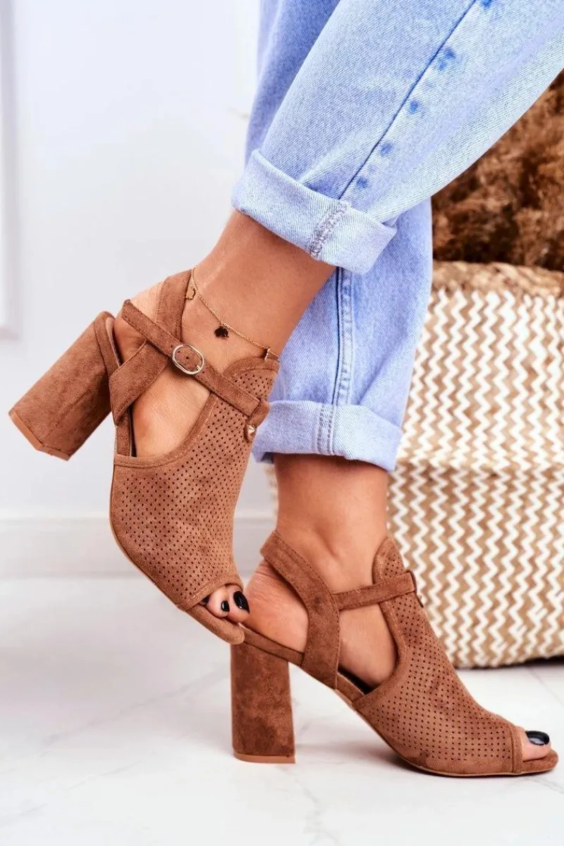 Sale Sandały Damskie Na Słupku Ażurowe Brązowe Kira Damskie Sandały Ażurowe|Sandały Na Obcasie