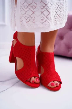 Hot Sandały Damskie Na Słupku Ażurowe Zamszowe Czerwone HiBaby Damskie Sandały Ażurowe|Sandały Na Obcasie