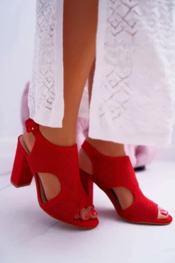 Hot Sandały Damskie Na Słupku Ażurowe Zamszowe Czerwone HiBaby Damskie Sandały Ażurowe|Sandały Na Obcasie