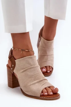 Sandały Damskie Na Słupku Ażurowe Beżowe Rosca Damskie Sandały Na Obcasie