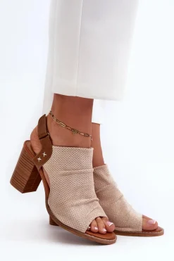 Sandały Damskie Na Słupku Ażurowe Beżowe Rosca Damskie Sandały Na Obcasie