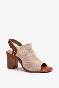 Sandały Damskie Na Słupku Ażurowe Beżowe Rosca Damskie Sandały Na Obcasie