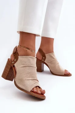Sandały Damskie Na Słupku Ażurowe Beżowe Rosca Damskie Sandały Na Obcasie