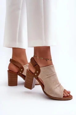 Sandały Damskie Na Słupku Ażurowe Beżowe Rosca Damskie Sandały Na Obcasie