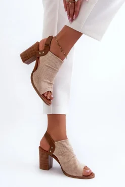 Sandały Damskie Na Słupku Ażurowe Beżowe Rosca Damskie Sandały Na Obcasie
