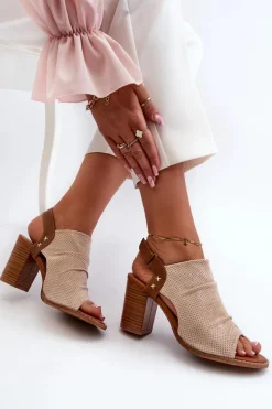 Sandały Damskie Na Słupku Ażurowe Beżowe Rosca Damskie Sandały Na Obcasie