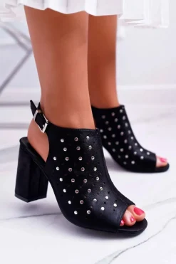 Clearance Sandały Damskie Na Słupku Ażurowe z Dżetami Czarne Hendrix Damskie Sandały Ażurowe|Sandały Na Obcasie