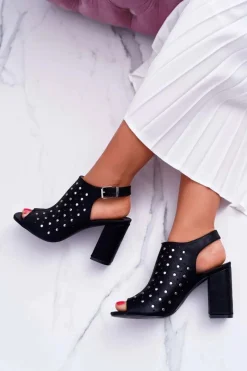 Clearance Sandały Damskie Na Słupku Ażurowe z Dżetami Czarne Hendrix Damskie Sandały Ażurowe|Sandały Na Obcasie