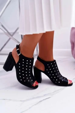 Clearance Sandały Damskie Na Słupku Ażurowe z Dżetami Czarne Hendrix Damskie Sandały Ażurowe|Sandały Na Obcasie