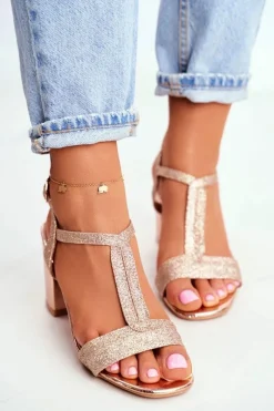 Boto Sandały Damskie Na Słupku Brokatowe Champagne Perfecto