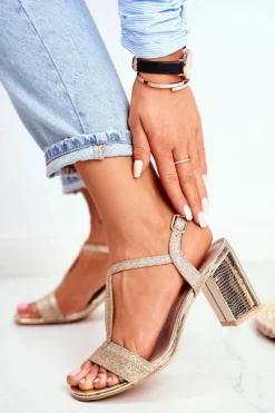 Sandały Na Obcasie>Boto Sandały Damskie Na Słupku Brokatowe Złote Perfecto