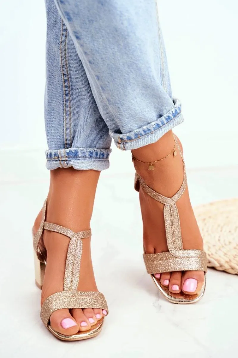 Sandały Na Obcasie>Boto Sandały Damskie Na Słupku Brokatowe Złote Perfecto