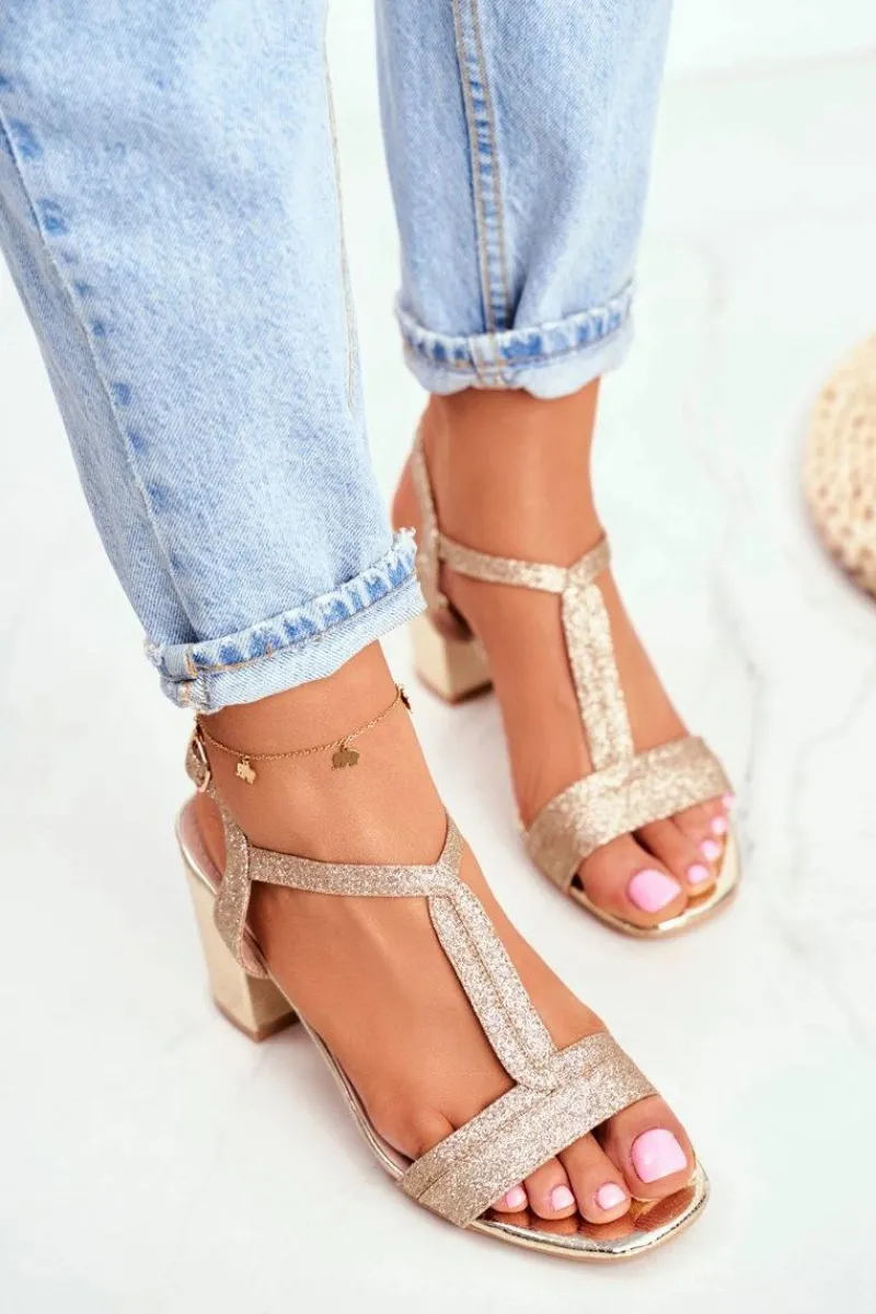 Sandały Na Obcasie>Boto Sandały Damskie Na Słupku Brokatowe Złote Perfecto