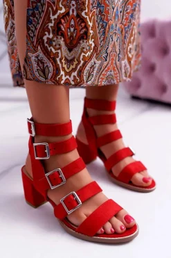 Sale Boto Sandały Damskie Na Słupku Gladiatorki Zamsz Czerwone Nella