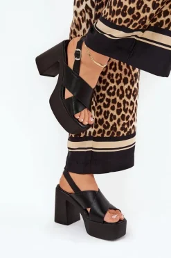 Clearance Sandały Damskie Na Słupku I Platformie Z Eko Skóry Czarne Annavin Damskie Sandały Na Słupku|Sandały Na Obcasie