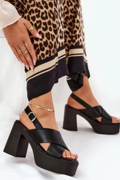 Clearance Sandały Damskie Na Słupku I Platformie Z Eko Skóry Czarne Annavin Damskie Sandały Na Słupku|Sandały Na Obcasie
