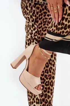 Sandały Damskie Na Słupku I Platformie Eko Skórzane Beżowe Lomman Damskie Sandały Na Słupku|Sandały Na Obcasie