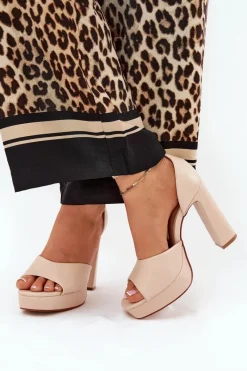 Sandały Damskie Na Słupku I Platformie Eko Skórzane Beżowe Lomman Damskie Sandały Na Słupku|Sandały Na Obcasie