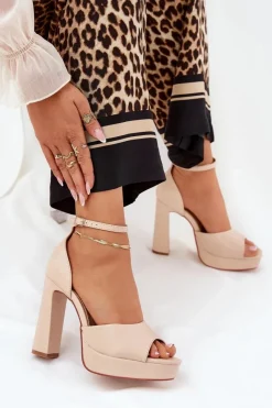 Sandały Damskie Na Słupku I Platformie Eko Skórzane Beżowe Lomman Damskie Sandały Na Słupku|Sandały Na Obcasie