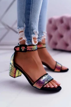 Sandały Na Obcasie>Boto Sandały Damskie Na Słupku Lu Boo Opalizujące Cekiny Czarne Tindal