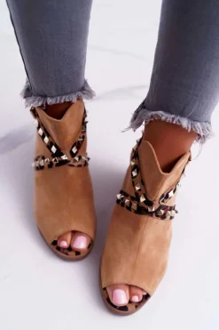 Sandały Na Obcasie>Boto Sandały Damskie Na Słupku Lu Boo Z Cholewką Camel 318-30 Fiode