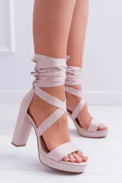Boto Sandały Damskie Na Słupku Platforma Wiązane Beżowe LaFiesta