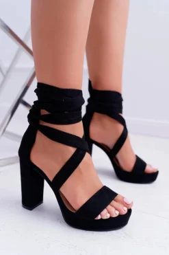 Sale Boto Sandały Damskie Na Słupku Platforma Wiązane Czarne LaFiesta