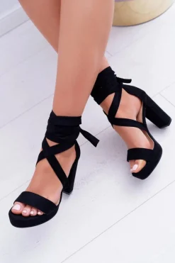 Sale Boto Sandały Damskie Na Słupku Platforma Wiązane Czarne LaFiesta