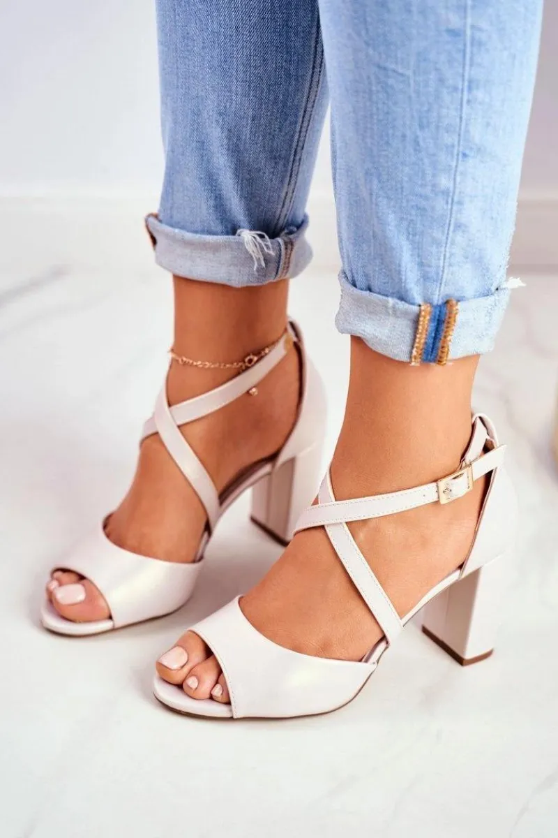 Sandały Na Obcasie>Buty Sergio Leone Sandały Damskie Na Słupku Sergio Leone Beżowa Perła SK865