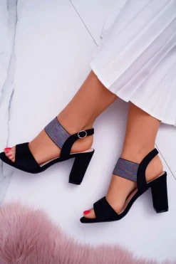 Outlet Sandały Damskie Na Słupku Sergio Leone SK857 Czarne Nargos Damskie Sandały Na Obcasie