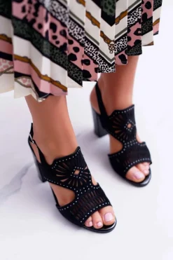 Best Buty Sergio Leone Sandały Damskie Na Słupku Sergio Leone SK852 Zamszowe Czarne Diven