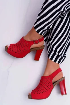 Buty Sergio Leone Sandały Damskie Na Słupku Sergio Leone SK850 Czerwone Farmona