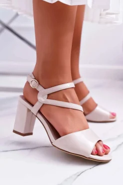 Clearance Buty Sergio Leone Sandały Damskie Na Słupku Sergio Leone SK844 Lakierowane Beżowe Tres