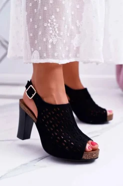 Outlet Sandały Damskie Na Słupku Sergio Leone SK850 Czarne Farmona Damskie Sandały Na Obcasie