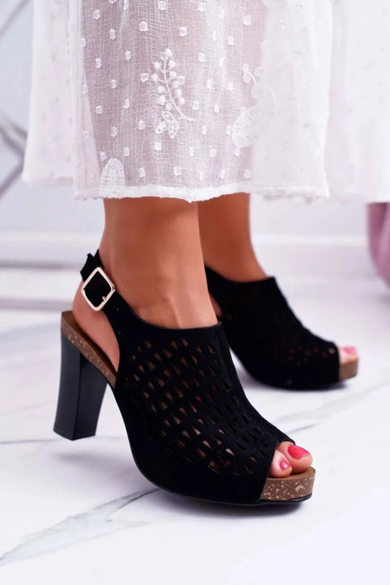 Outlet Sandały Damskie Na Słupku Sergio Leone SK850 Czarne Farmona Damskie Sandały Na Obcasie