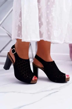 Outlet Sandały Damskie Na Słupku Sergio Leone SK850 Czarne Farmona Damskie Sandały Na Obcasie