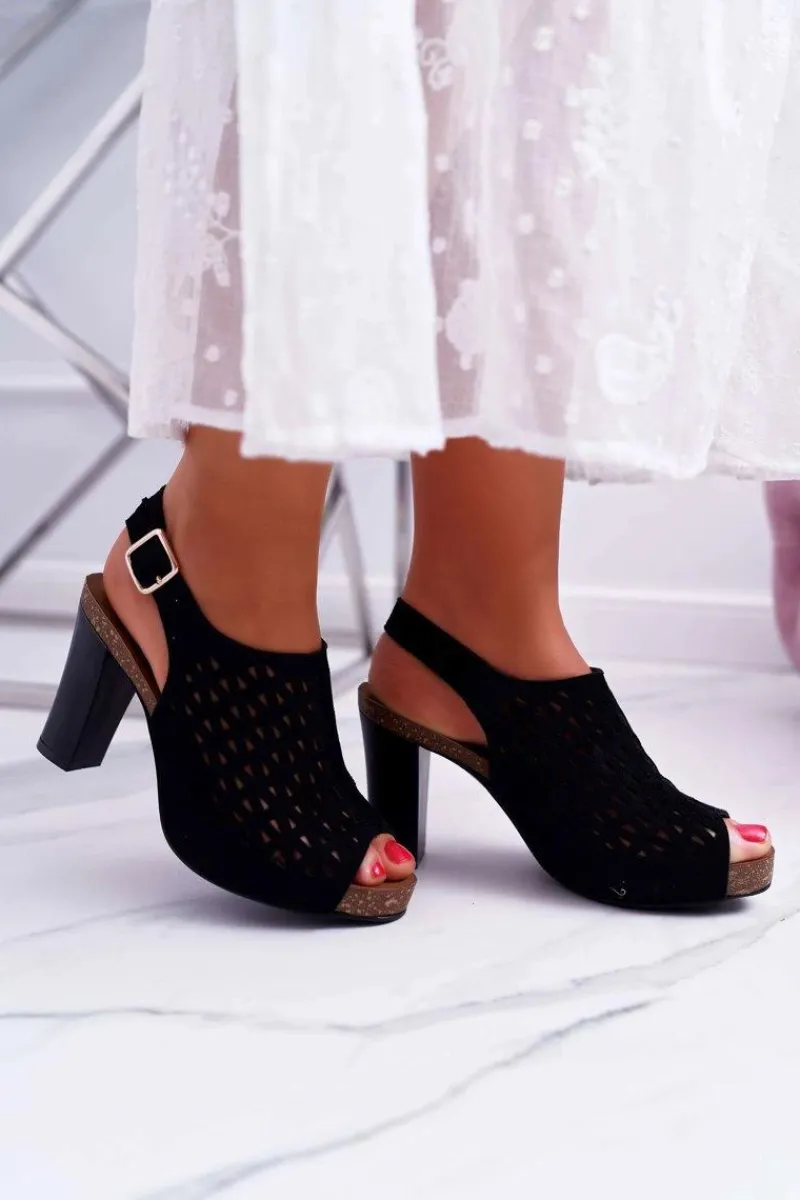 Outlet Sandały Damskie Na Słupku Sergio Leone SK850 Czarne Farmona Damskie Sandały Na Obcasie