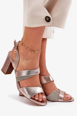 Sandały Damskie Na Słupku Sergio Leone SK866 Różowe Złoto Damskie Sandały Na Słupku|Sandały Na Obcasie