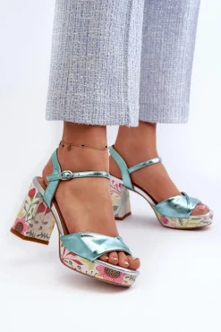 Sandały Na Słupku|Sandały Na Obcasie>Damskie buty S.Barski Sandały Damskie Na Słupku W Kwiaty D&A CR980 Błękitne Niebieski