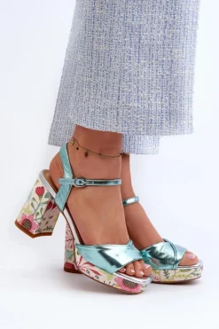 Sandały Na Słupku|Sandały Na Obcasie></noscript>Damskie buty S.Barski Sandały Damskie Na Słupku W Kwiaty D&A CR980 Błękitne Niebieski