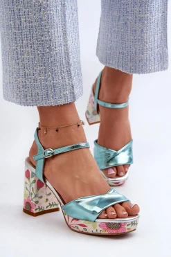 Sandały Na Słupku|Sandały Na Obcasie></noscript>Damskie buty S.Barski Sandały Damskie Na Słupku W Kwiaty D&A CR980 Błękitne Niebieski