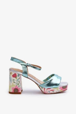 Sandały Na Słupku|Sandały Na Obcasie></noscript>Damskie buty S.Barski Sandały Damskie Na Słupku W Kwiaty D&A CR980 Błękitne Niebieski